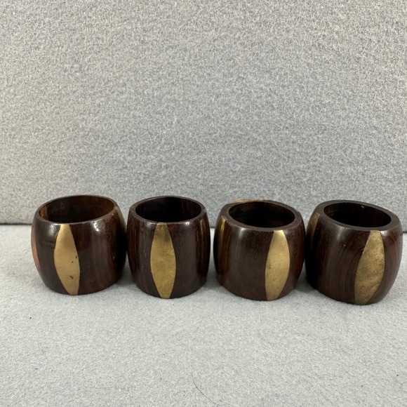MCM Vaishali International Wood Napkin Rings ‎ x 4 Brown with Gold Tone India - Picture 1 of 9